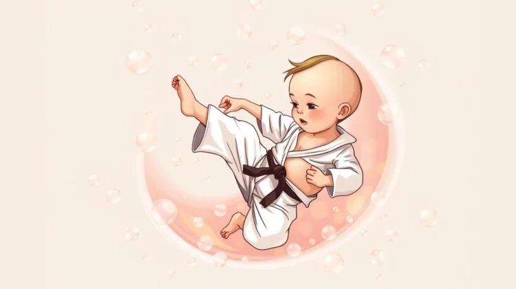 A fetus performing a karate kick in a womb full of gas bubbles